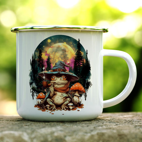 Wizard Frog Enamel Camp Mug, Celestial Nature Outdoor Camping Coffee Cup, Mystical Moon Stars, 12oz Goblinecore Gifts