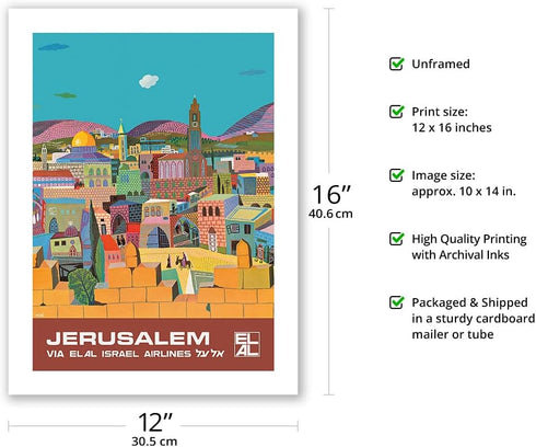 Vintage Airline Travel Poster - Jerusalem Israel via El Al Airlines by Peri Rosenfeld c.1970s, 12x16in