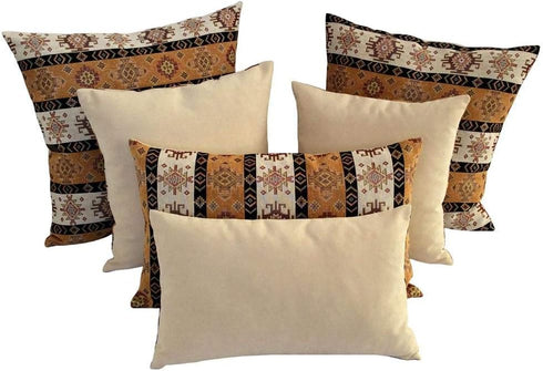 Large Throw Pillow Covers 22 x 22 Inches, Mustard Yellow and Cream Kilim Pattern, Boho Room Decor for Couch