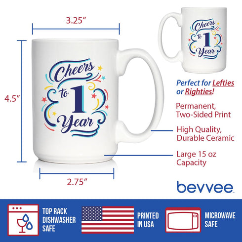 Cheers to 1 Year Coffee Mug Gift, 15oz White Ceramic Mug for Women & Men, 1st Anniversary Party Decor