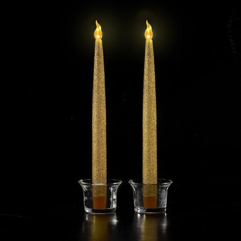 FURORA LIGHTING Gold LED Taper Candles, Battery Operated Pack of 2, Electric Candles with 6/18 Timer, Winter Decorations