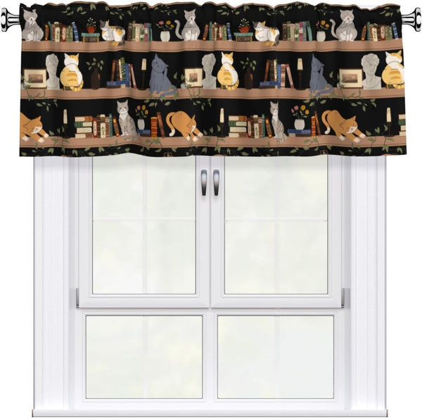 Bookshelf Cat Curtain Valance Short Rod Pocket Window Treatment for Living Room