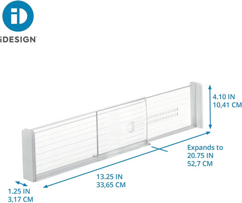 iDesign Plastic Adjustable Deep Drawer Divider, Set of 2, Expandable 13.25” – 20.75”, Clear