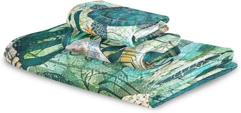 Vdsrup Set 3 Vintage Ocean Turtle Towels of Sea Starfish World Map Hand Towel Bath Towel Washcloth Soft Thin Face Guest