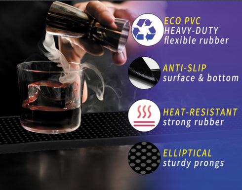 Bar Mat 12" x 6", Rubber Spill Mat for Cocktail Bartender Set of 2, Coffee Bar or Countertop Glass Drying Mat (Black)