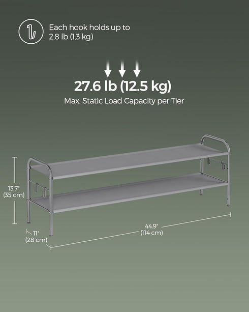 2-Tier 4 12 Closet, SONGMICS Shoe Rack, Shoe Organizer, Fabric Shoe Shelf Storage with Hooks, Holds up to Pairs