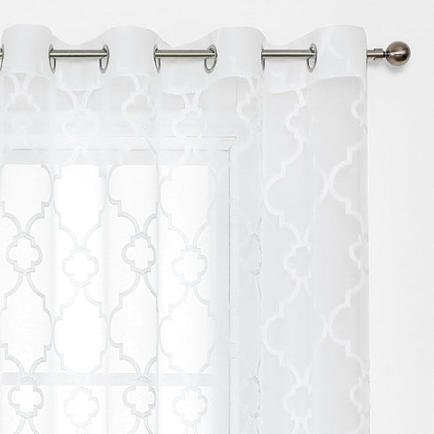 White Sheer Curtains 84 Inches Long, Lattice Geometric Embroidered Semi Sheer Curtain Panels, 52"w x 2pcs, Grommet Top