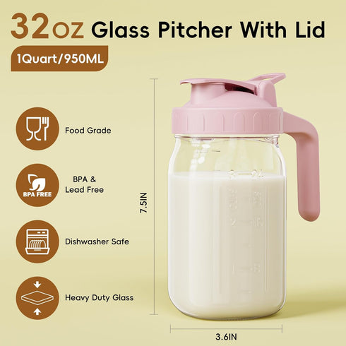 32 oz Breast Milk Pitcher - Glass Mason Jar with Dual Leak-Proof Design, Airtight Seal, Pour Spout & Handle, Storage