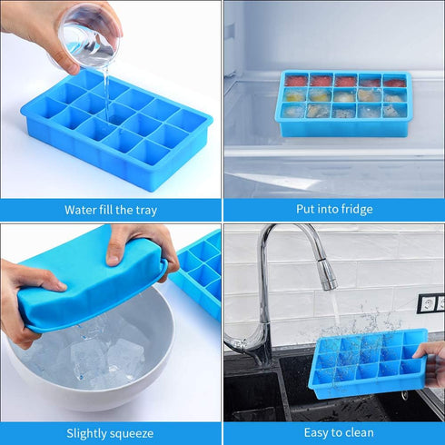 ZDPMK 2 Pack Silicone Ice Cube Trays, Flexible Molds for 15 Ice Cubes, Reusable & BPA Free for Freezer, Cocktail,