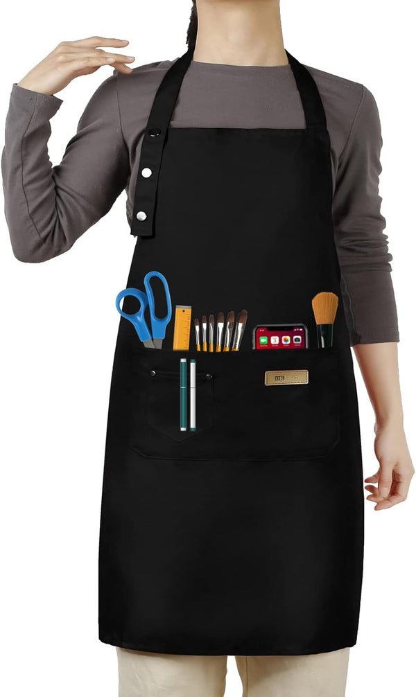 Adjustable Button Apron for Women Men, Artist Painting Pottery Garden Cooking Kitchen Chef with 3 Pockets