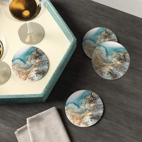 Lahome Marble Pattern Coasters - Round Absorbent Stone Coaster Set with Ceramic Stone and Cork Base (Blue, Set of 4)