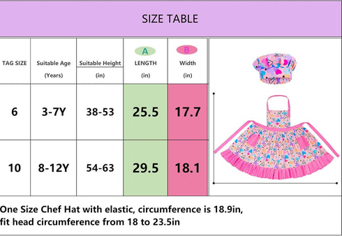 MHJY Kids Apron Hat Set for Girls, Vintage Pleated Skirt Adjustable Kitchen Apron with Pockets for Baking Cooking