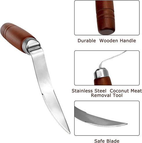 2 PCS Coconut Opener Tool Set, Stainless Steel Coconut Meat Remover, Non-Slip Wooden Handle Scraper Knife