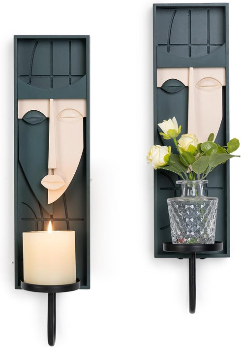Set of 2 Boho Wall Decor, Modern Abstract Face Candle Sconces, Artistic