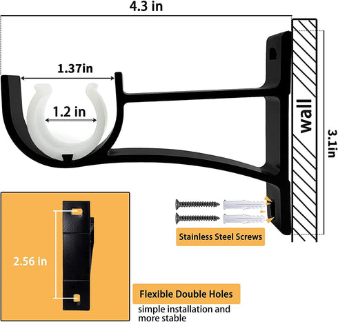 KOLAKO Curtain Rod Brackets, Heavy Duty Black Holders Hook Hangers for Wall Drapery Rod Bracket Support 1 Inch Rods