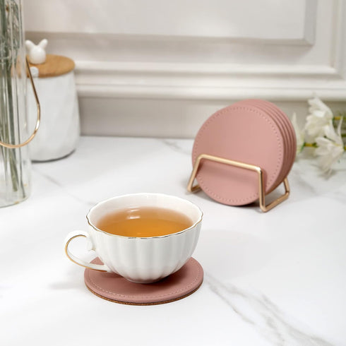 Set 6, Set CASEGRACE Drink Coasters with Metal Holder Stand of PU Leather Absorbent Coasters with Cork Base Table