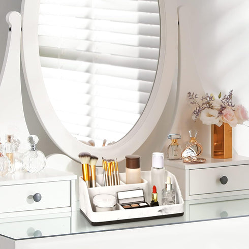 VITVITI Toothbrush Holder for Bathroom - 5 Compartment Organizer for Toothpaste/Vanity Counter, White Resin Marble Color