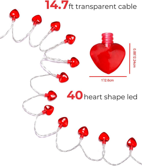 Luditek 14.7ft 40LED Heart Shape String Lights, Battery Operated Mothers Day Hanging Garland Decor for Indoor Outdoor