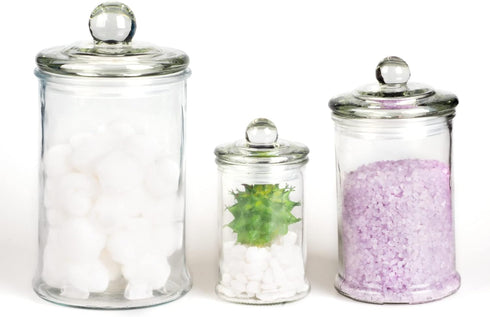 Mini Glass Apothecary Jars - Set of 3 Bathroom Storage Organizer Canisters for Cotton Swabs, Cotton Balls, Makeup