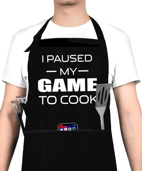 I Paused My Game to Cook - Funny Adjustable Bib Cooking Apron for Men, Women with 3 Pockets
