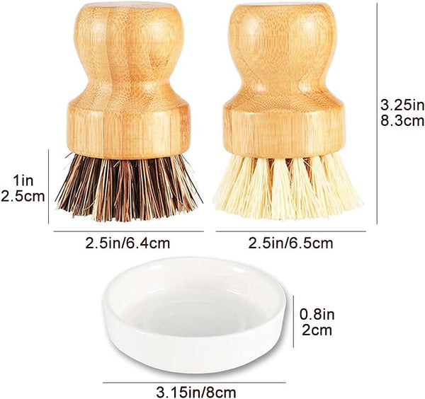 Bamboo Scrub Brush Set, Natural Bristles Palm Pot Brush, 4 Pack Mini Dish Brush with Ceramic Holder