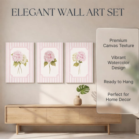 Set 3 12x16 Inch Pink Hydrangea Nursery Wall Art for Girls Room, of Framed Pink Floral Canvas Prints, Shabby Chic