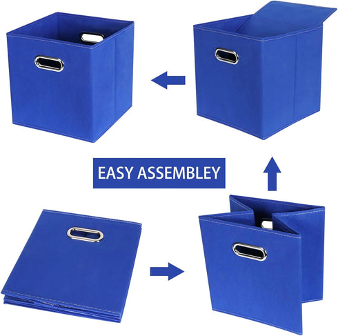 Set of 6 Dark Blue Fabric Cloth Storage Bins, Foldable Cube Baskets with Dual Handles for Home Bedroom Storage