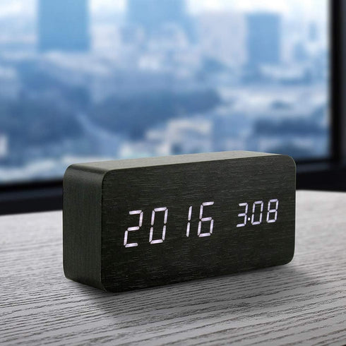 OCT17 Wooden Digital Alarm Clock - Multi-Function Smart Alarm Clock with USB Power Supply, Black