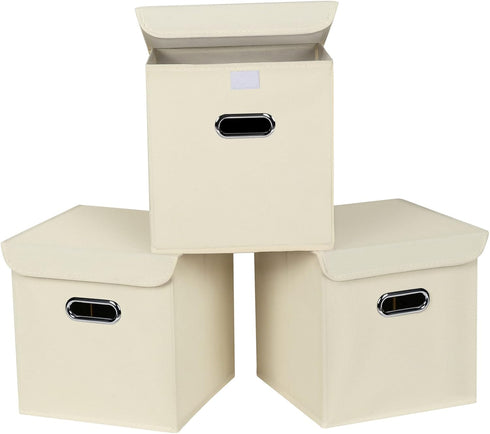 Closet Organizers Fabric Storage Bins with Lids, 3 Pack Collapsible Cube Storage Organizer Basket with Handles for