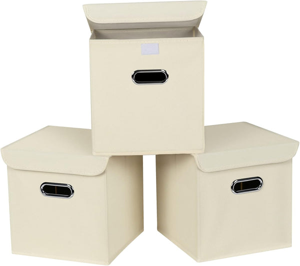 Closet Organizers Fabric Storage Bins with Lids, 3 Pack Collapsible Cube Storage Organizer Basket with Handles for