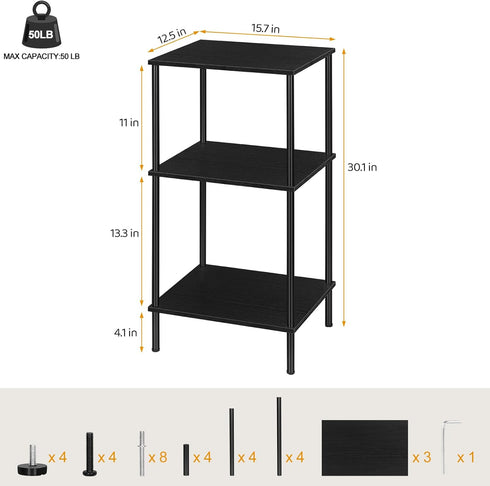 3 Tall Side Table with Storage Tier Black End Table Metal Storage Shelves for Living Room Bedroom Bathroom Small Slim