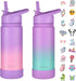 Mininoo Kids Water Bottle for School, 16oz Stainless Steel Insulated with Straw Lid, 2 Pack for Girls, Boys