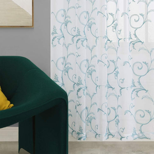 Embroidery Blue Sheer Curtains, 84 Inches Long, Rod Pocket Drapes for Living Room, 2 Panels, 52"x84"