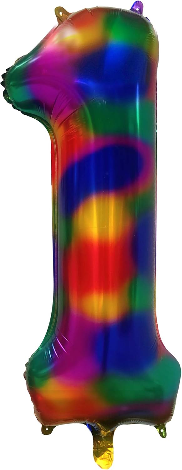 Rainbow Balloon Number 1, 40 Inch Mylar Balloons for Birthdays, Tie Dye Party Supplies, Large Colorful Decorations