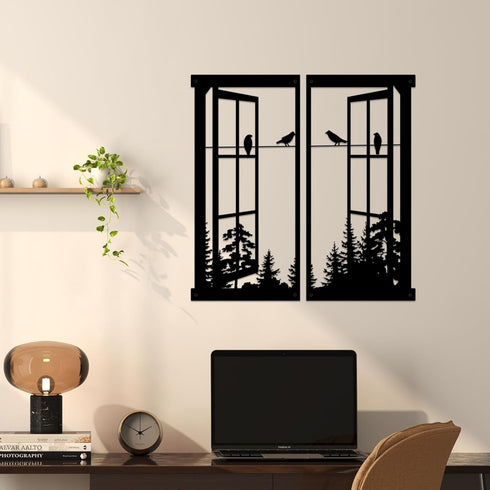 Resama Metal Wall Art Birds In the Window Landscape Wall Hanger,Mountain and Forest Nature Metal Wall Decor,Unique Large Wall Decor, Interior Design Housewarming Gift (Black)