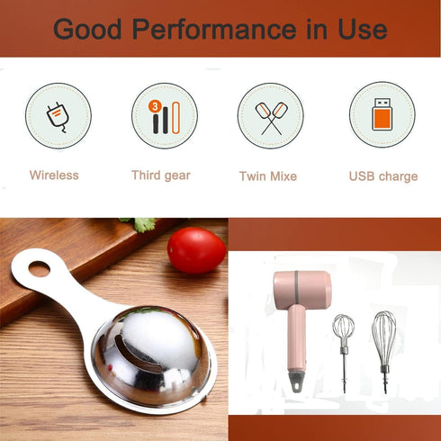 Hand Mixer, Portable Electric Cordless 3-Speed Mixer, USB Rechargeable with Twin Mixer Whips for Kitchen Baking