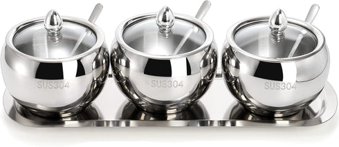 Hedume 3 Grids 304 Stainless Steel Seasoning Containers Set with Lid Spoon and Tray, Condiment Jar Spice Container, Condiment Canisters Pots for Serving Sugar, Pepper, Salt, Spice by Hedume