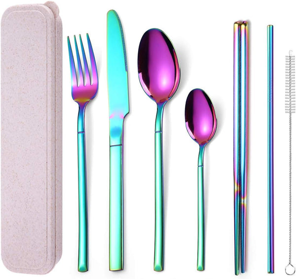 AARAINBOW 7 Pieces Stainless Steel Flatware Set, Portable Reusable Cutlery Set with Knife Fork Spoon Straws