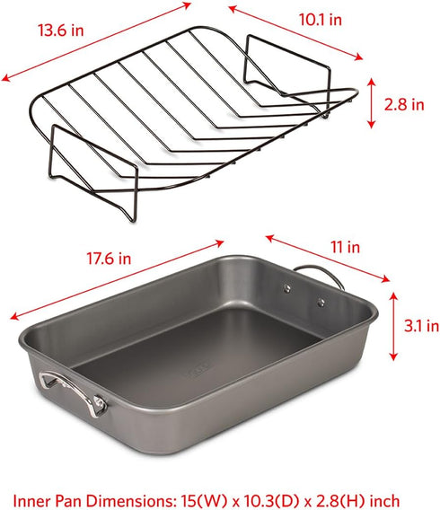 Glad Nonstick Roasting Pan 11x15, Heavy Duty Metal Bakeware Dish with Rack for Baking Turkey, Chicken, Veggies