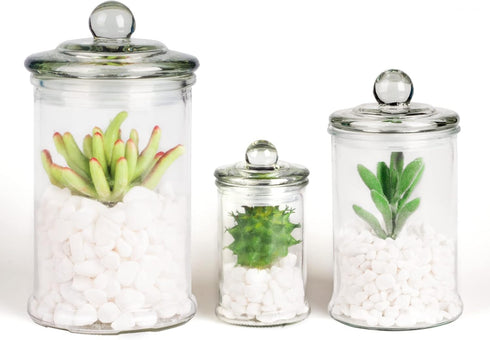 Mini Glass Apothecary Jars - Set of 3 Bathroom Storage Organizer Canisters for Cotton Swabs, Cotton Balls, Makeup