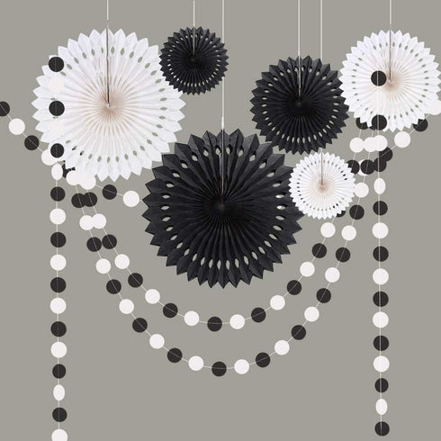 Cheerland Black White Party Decorations, Hanging Paper Fans Garland Kit for Wedding, Halloween