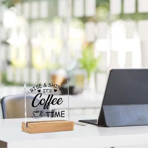 CQM Coffee Bar Decor Acrylic Sign with Wood Stand, Coffee Lover Gifts Coffee Decor Coffee Shop Bedroom Living Room Desk