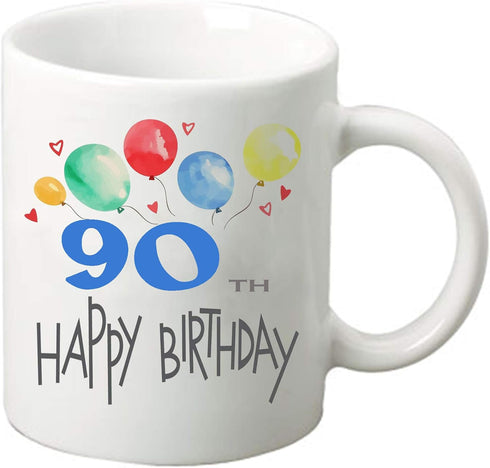 Happy Birthday 11 oz Coffee Tea Mug Cup, White Ceramic Celebration for Friends and Family (90th)