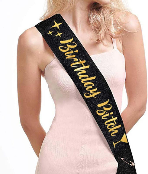 'Birthday Bitch' Sash, Crown Tiara & Party Supplies Kit, Black Glitter Sash for Women's Birthday Gifts