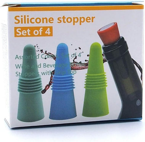 Reusable Wine Stopper (Pack of 4) | Silicone Cork Stoppers with Stainless Steel Top, Heavy Duty Food Grade
