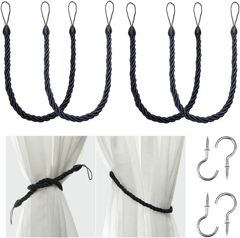 BEL AVENIR Curtain Rope Tiebacks, Drapery Holdbacks with 4 Metal Screw Hooks (Navy, 4pack)
