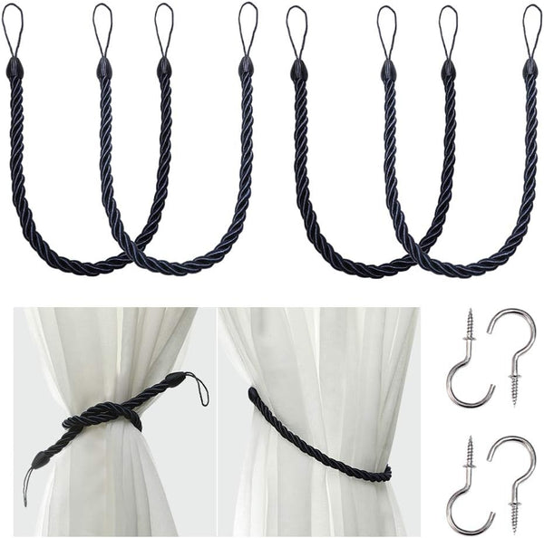 BEL AVENIR Curtain Rope Tiebacks, Drapery Holdbacks with 4 Metal Screw Hooks (Navy, 4pack)