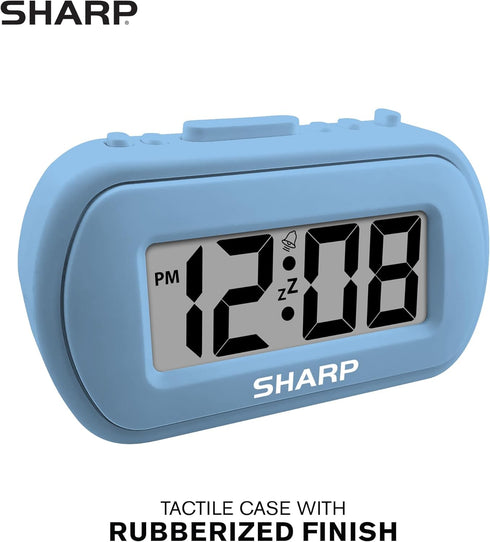 Sharp Digital Alarm Clock, Tactile Case with Soft Rubberized Finish, Battery Operated, Blue Backlight on Demand,
