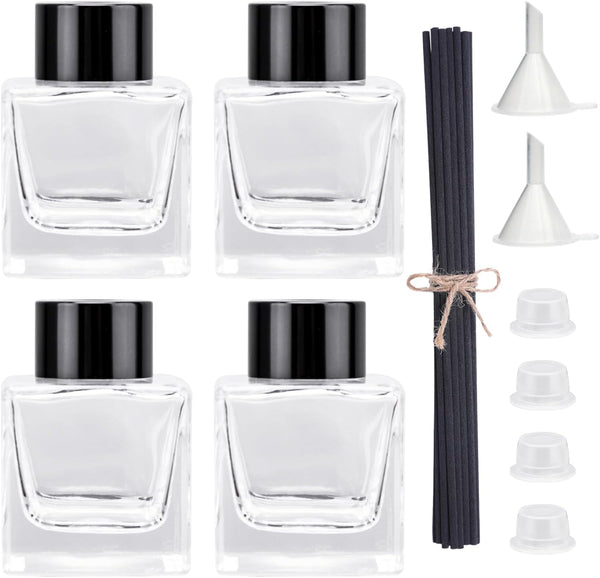 Agidea 4PCS Refillable Fragrance Glass Diffuser Bottles with 20pcs Reeds Sticks & Black