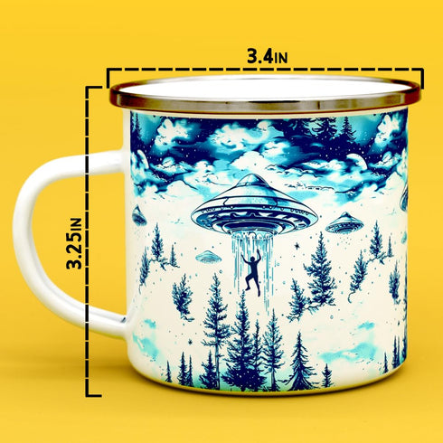 UFO Alien Abduction Enamel Camp Mug, Outdoor Camping Campfire Coffee Cup (12oz)